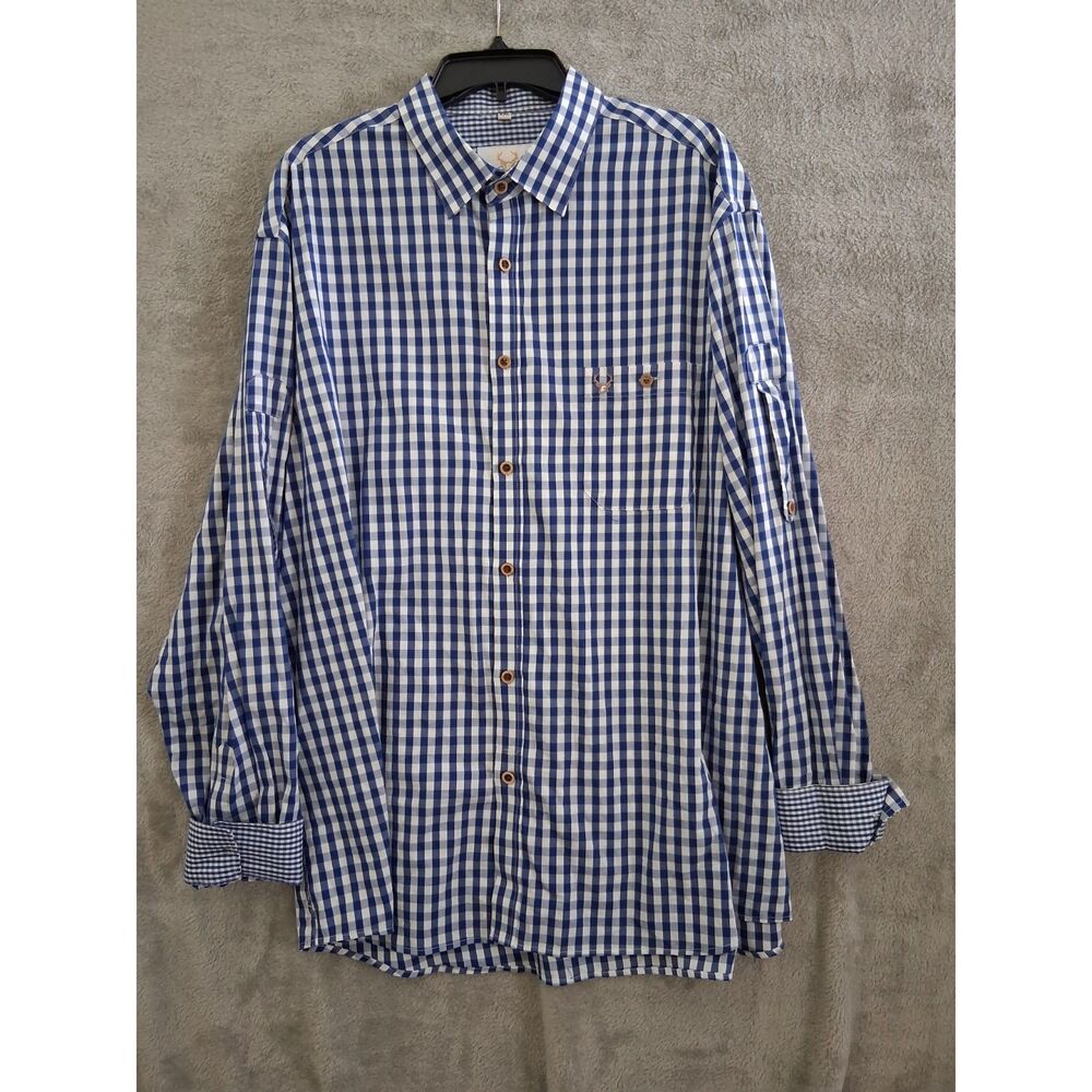 Bavaria Trachten Shirt Mens XXL Blue Gingham Oktoberfest Roll Tab Sleeve Stag